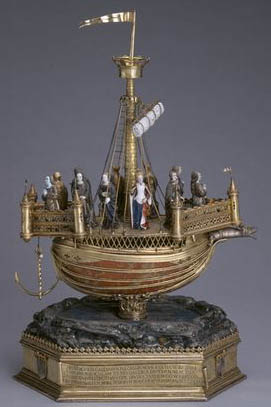 Reliquary of St. Ursula, French School, 1574 (gold, silver & enamel). Palais du Tau, Reims, France. A reliquery showing just a few of imaginary St-Ursula's imaginary 10,000 virgins on their imaginary ship, and containing real but non-female-virgin bones