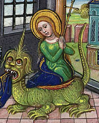 Saint Margaret emerging from the body of the dragon, cross in hand. You can see the last bit of her blue robe still in the dragon's mouth, not yet eaten.