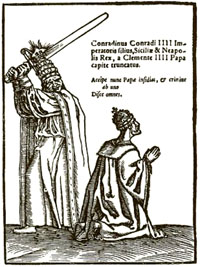 Pope Clement IV was known to be responsible for the death of his young ward the sixteen year old Emperor Conrad IV (dramatised here by Protestants by showing the pope himself wielding the sword)