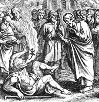 The man on the ground is being exorcised - a black demon can be seen leaving his mouth