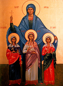 The quasi-goddesses Sophia (Wisdom) and Faith, Hope and Charity got turned into a mother and three daughters, all supposed martyrs