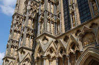 Angels on the west facade of Wells Cathedral. On Easter Sunday a hidden chorister sings from here