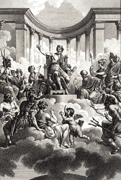 Zeus or the Christian God presiding in his court above the clouds? In fact these are the <br>
Olympian Gods assembled: Hades holding his two-forked sceptre, the mother of the gods Rhea, Hera and her peacock. Zeus sits in the middle with an eagle at his feet, holding a thunderbolt in his hand. To his right sits Cronos holding the ouroboros, Athena and Apollo. Below is Artemis, with a half-moon adorning her head, holding her bow. Dionysus is seen reclining. Ares in armour sits close to Aphrodite who looks at Eros as he comes towards her. In the far right sits Poseidon holding his trident. (Drawing by Nicolas-André Monsiau 1754-1837 from Les Métamorphoses d'Ovide, Paris 1806).