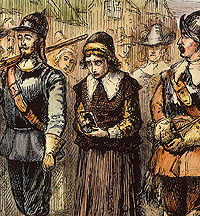 A Quaker, Mary Dyer, on her way to execution on Boston Common in 1660. Her capital crime had been to return to Massachusettes despite having been banished for spreading Quaker ideas such as pacifism and refusing to swear oaths