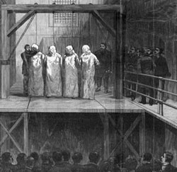 Haymarket Martyrs executed in Chicago on 11 November 1887. Witnesses reported that the four men did not die immediately when they dropped, but strangled to death slowly, a sight that left the spectators visibly shaken