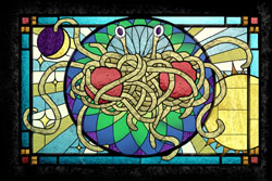 A stained glass window commemorating the victory of the Flying Spaghetti Monster
