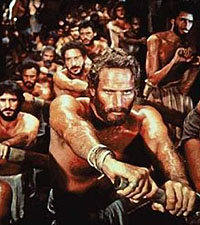 Galley slaves (depicted here in a film) could expect to drown, die of starvation, or be flogged to death.