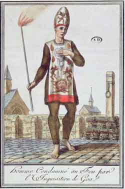 A victim of the Inquisition in Goa, wearing a sanbenito similar to those used in Europe. He will be burned on the stake shown behind him
