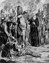 An engraving of the execution of Atahualpa. He was garrotted and then at least partially burned