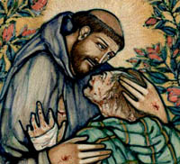 Saint Francis kissing and cuddling a leper
