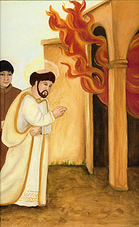 Saint Martin of Tours, by B A Morano. He is shown here having ordered the burning of a pagan temple, using his miraculous powers to stop the fire spreading to adjoining buildings.
