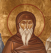 Saint Nilus the Myrrh-Gusher of Mt Athos, with a Christian cross on his forehead