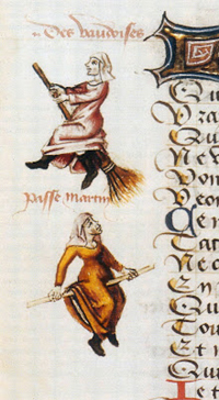 detail from a 1451 manuscript, Hexenflug der Vaudoises(Witch-flight of the Waldensians) by Martin Le France detail from a 1451 manuscript, Hexenflug der Vaudoises(Witch-flight of the Waldensians) by Martin Le France
